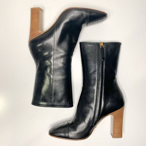 Gucci Quentin GG Cap Toe Ankle Boot EU 37 US 7 Black Leather Block High Heels - Picture 7 of 11
